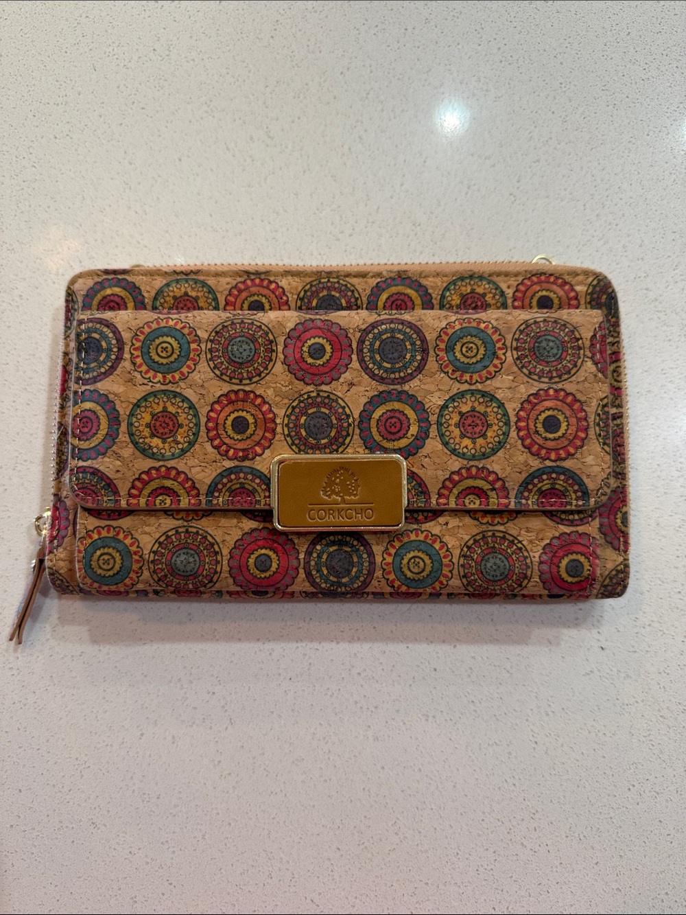Corkcho Multicolor Medallion Zip Wallet in Natural Cork